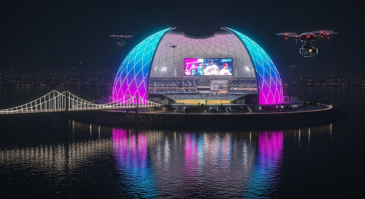 다리와 연결된 돔구장의 멋진야경