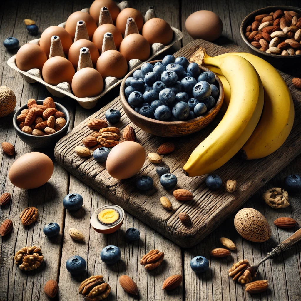 Eggs, banana, nuts, blueberries