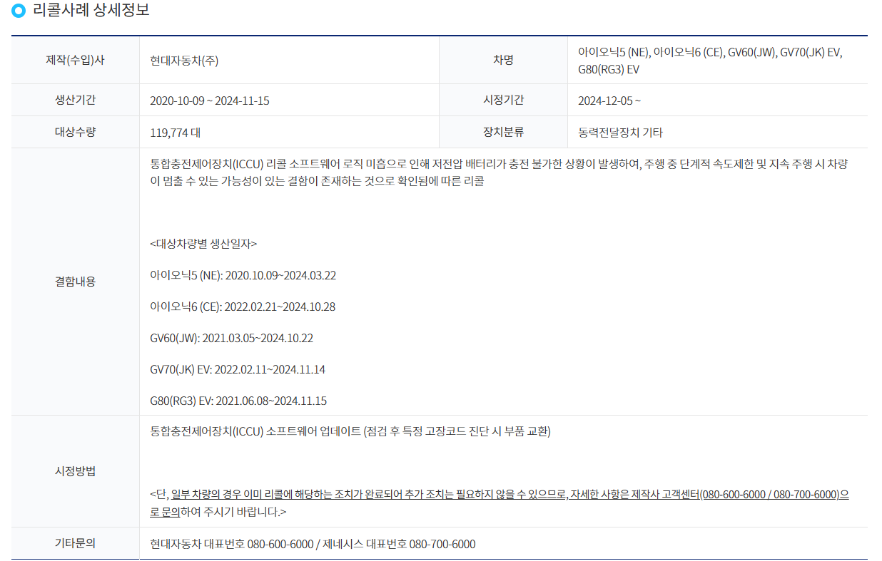 ICCU 리콜 대상 차종 지금 확인