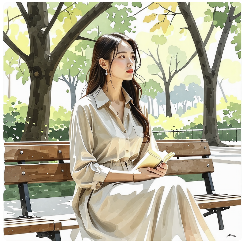 수채화풍으로 그려진 공원에서 책을 손에 든 단정한 옷을 입은 젊은 여성이 자신의 자아실현 욕구에 대해 생각하고 있는 모습