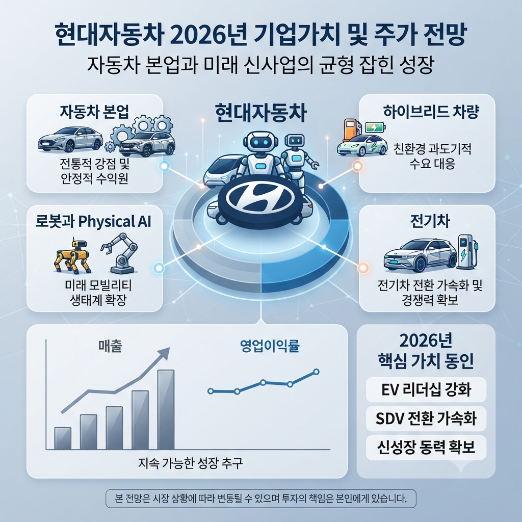 현대차 자동차 본업과 하이브리드&middot;로봇 전략을 함께 보여주는 2026년 기업 분석 이미지