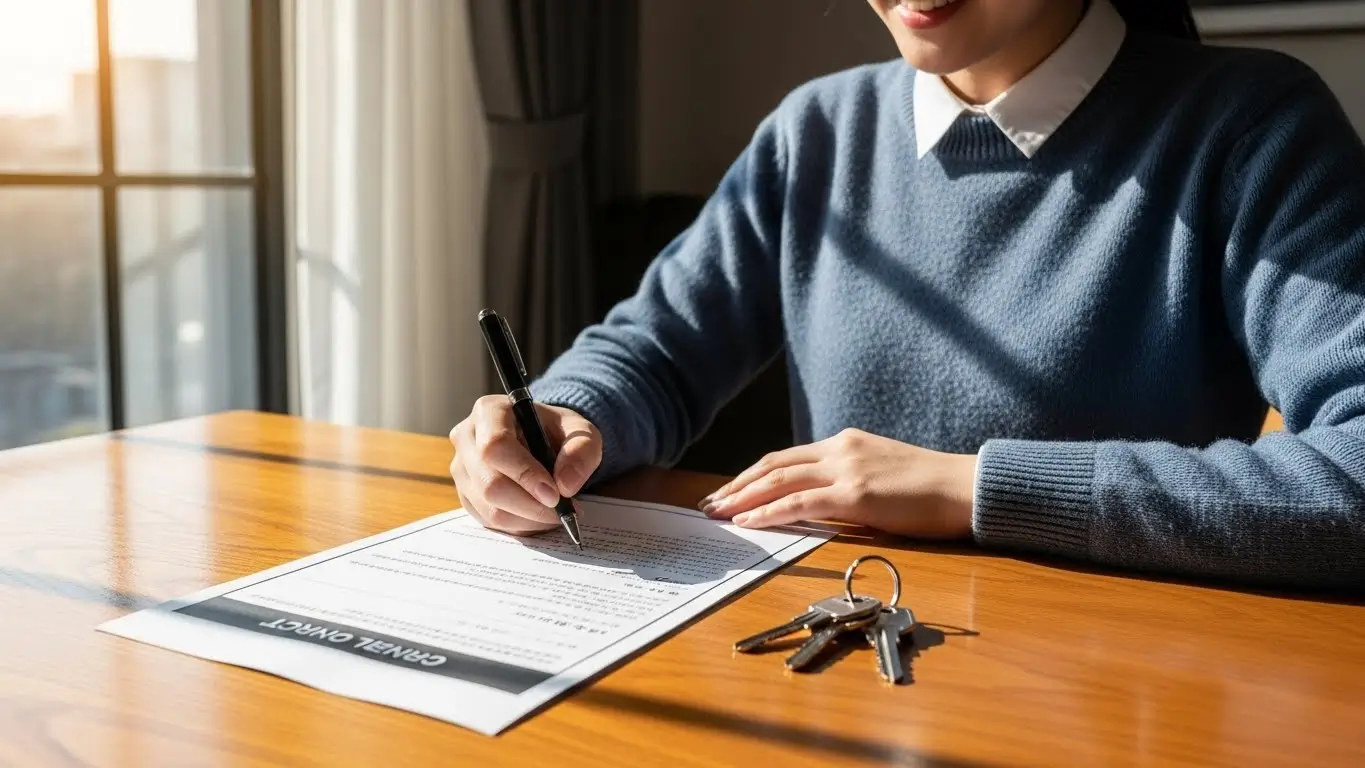 마음에 드는 전세집 계약서에 서명하며 주거 안정을 찾은 행복한 청년의 모습