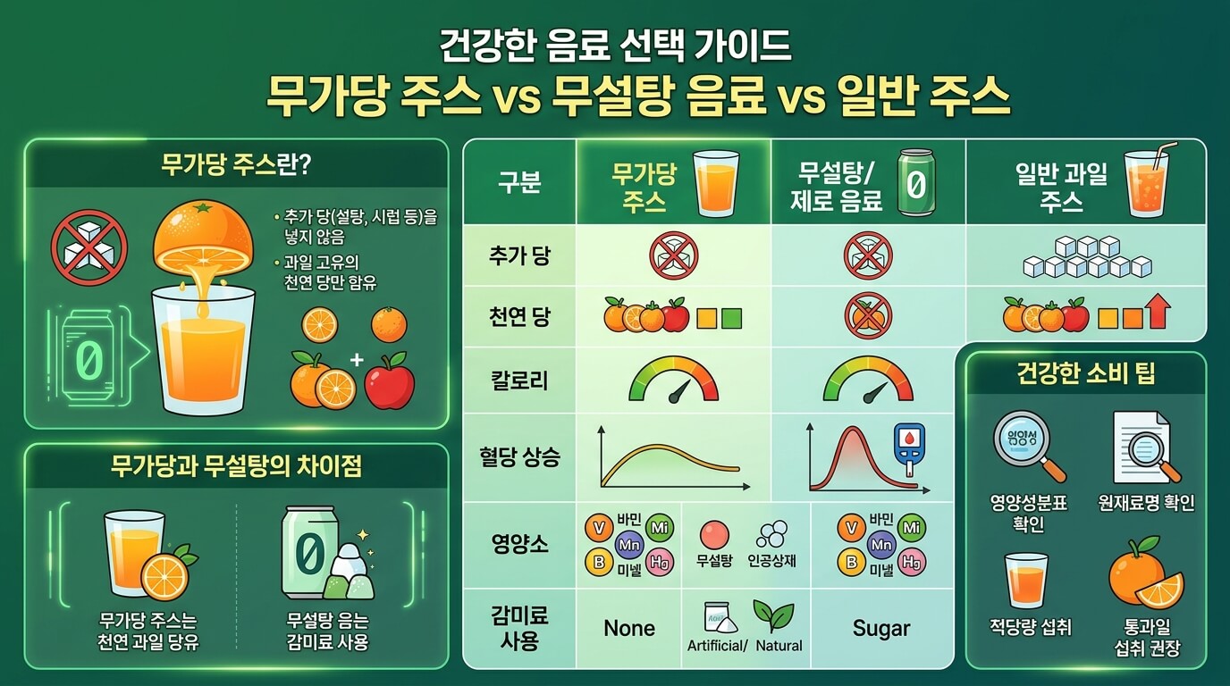 무가당 주스와 무설탕 음료, 일반 과일주스의 차이를 설명하는 건강 인포그래픽