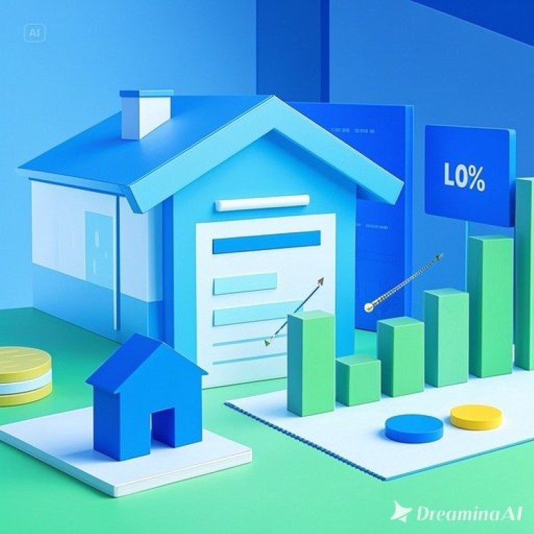 주택과 대출 서류, 금리 그래프가 어우러진 현대적인 배경. 파란색과 초록색 톤으로 신뢰와 안정감 강조, 밝은 집 이미지로 희망적인 분위기 연출.