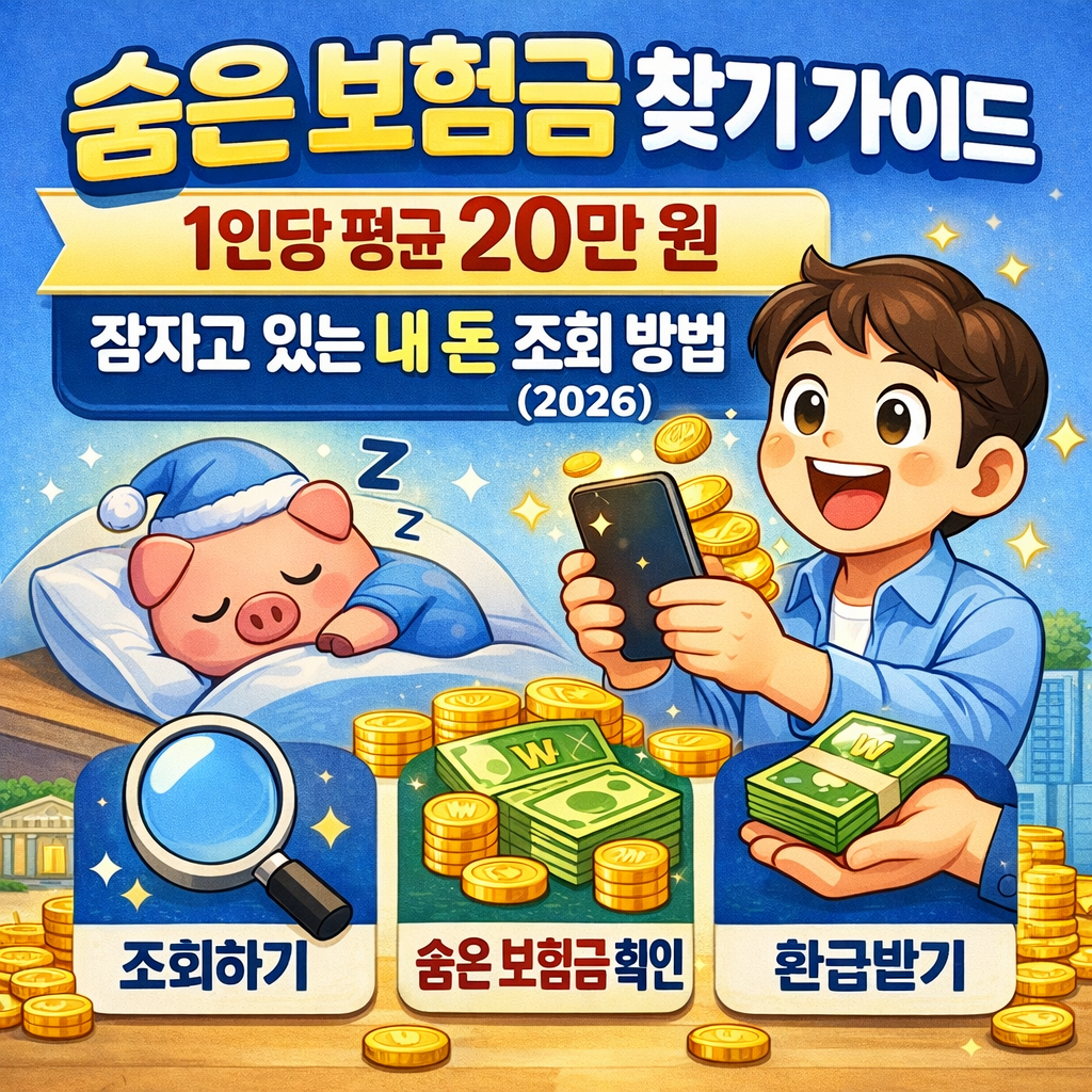 숨은 보험금 찾기 가이드: 1인당 평균 20만 원 잠자고 있는 내 돈 조회 방법 (2026)
숨은보험금찾기

내보험찾아줌 

보험금조회

보험금청구방법

잠자는돈찾기 

재테크꿀팁 

보험환급금

금융자산관리 

거북이의재테크

2026재테크