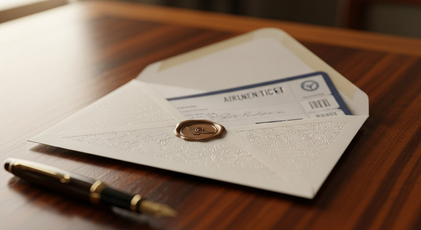 봉투 안에 들어 있는 항공권과 펜이 나무 책상 위에 놓인 장면