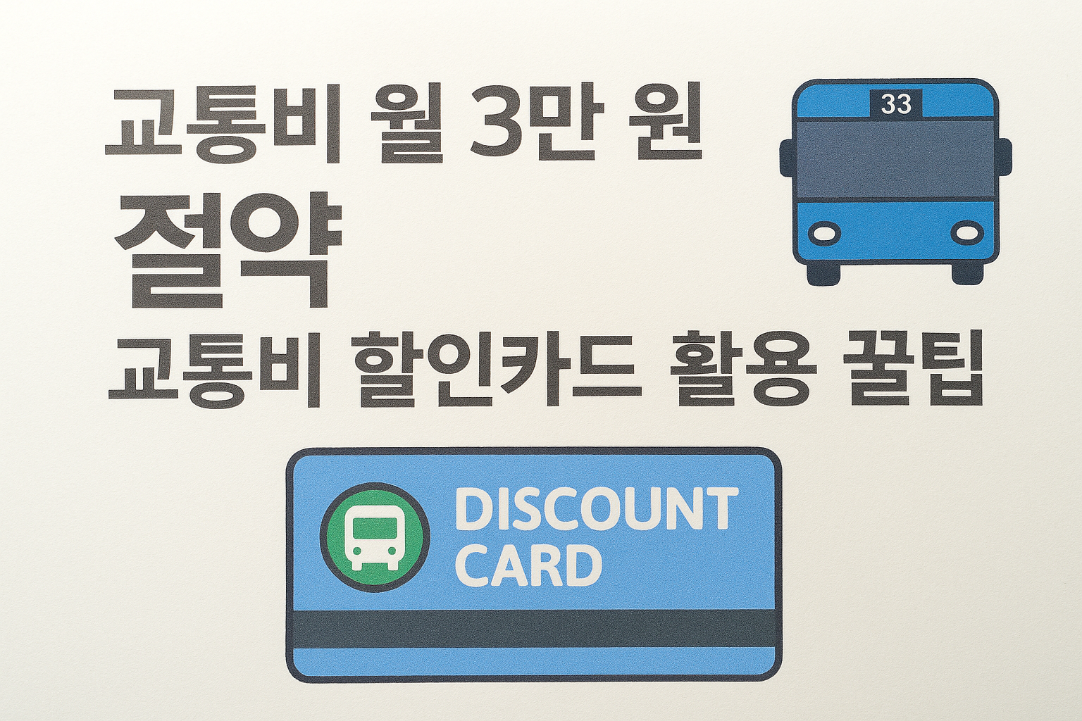 '교통비 할인카드로 월 3만원 절약하는 법'이라는 제목의 블로그 글 화면. 하단에는 '교통비 월 3만원 절약', '교통비 할인카드 활용 꿀팁' 문구와 함께 버스 그림, 그리고 'DISCOUNT CARD'가 적힌 할인 카드 이미지가 배치되어 있다.