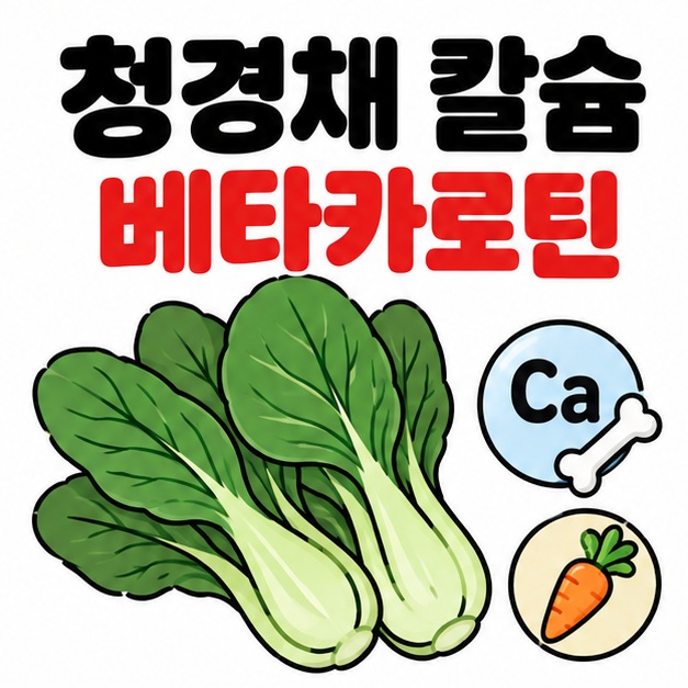 신선한 청경채와 칼슘 베타카로틴 아이콘 옆에 청경채 칼슘 베타카로틴 문구를 크게 보여주는 대표 카드