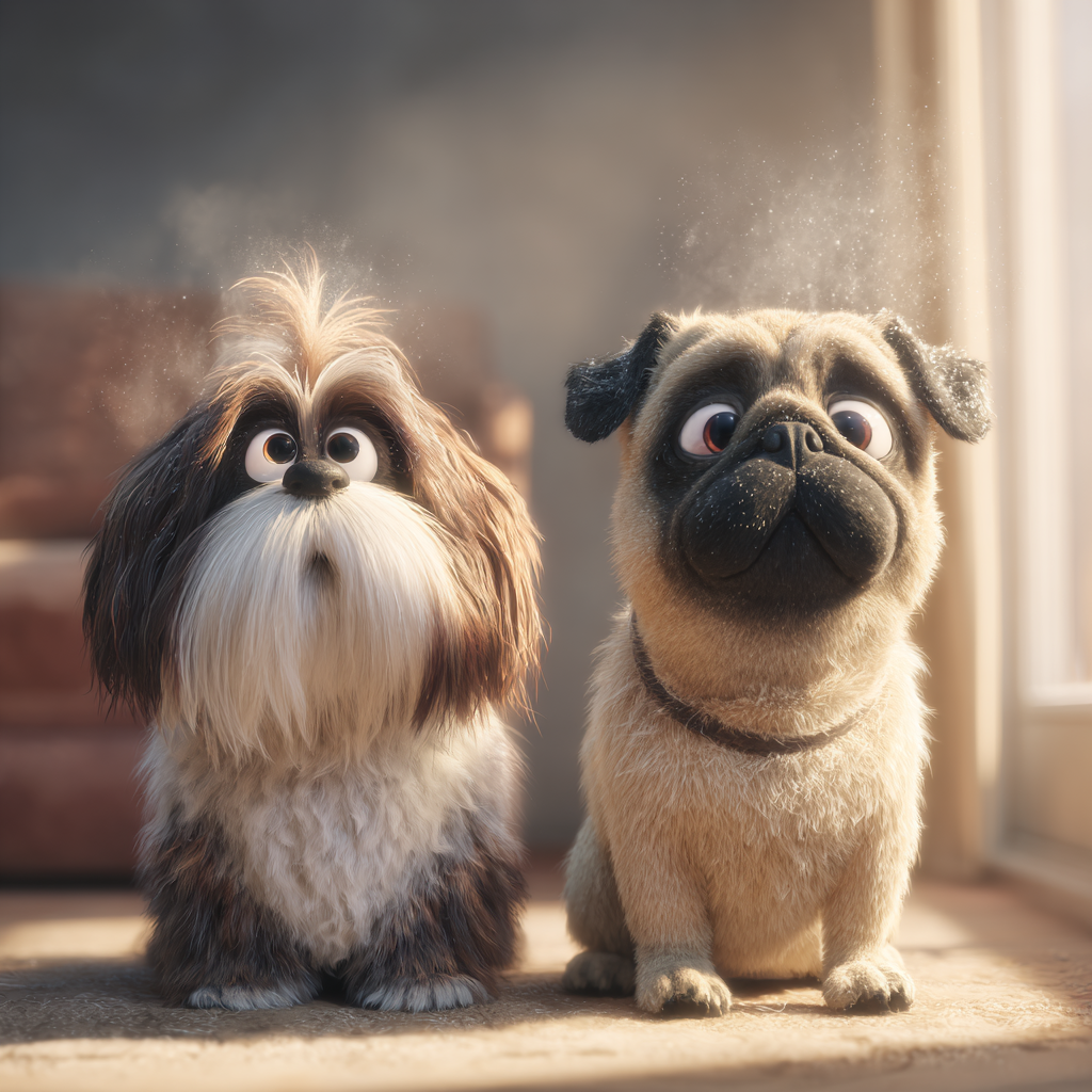 기침하는 귀여운 강아지 2마리, 픽사형 일러스트