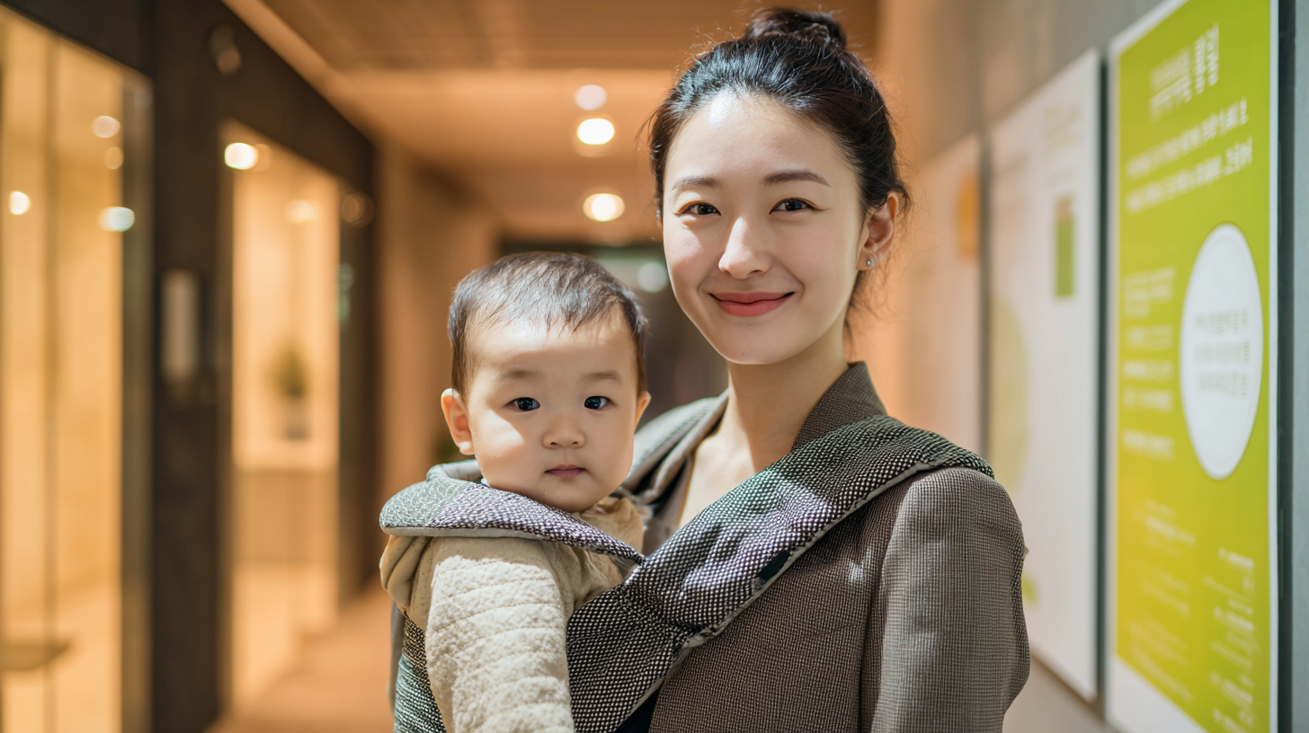 가을철 사무실 로비에서 아기를 안고 서 있는 정장 차림의 한국 직장 여성