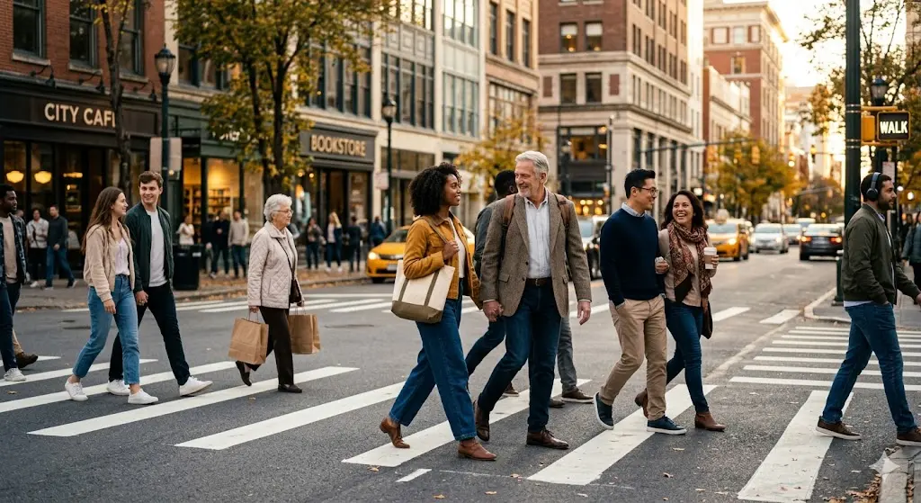미국 도심의 횡단보도를 여유롭게 건너며 가볍게 눈인사를 나누는 사람들의 평화로운 풍경