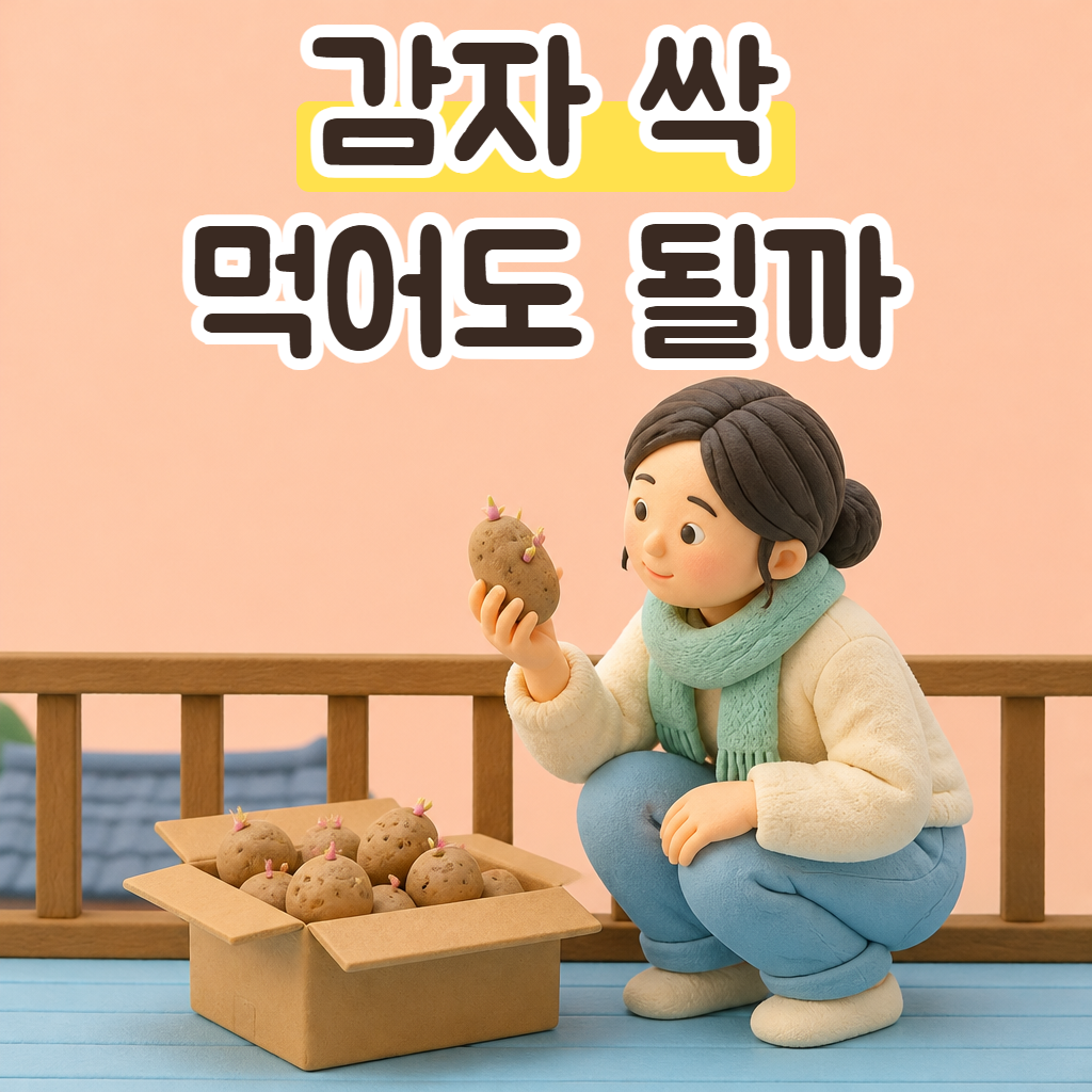 베란다 감자 상자 앞에서 싹 난 감자를 들고 살펴보는 성글이