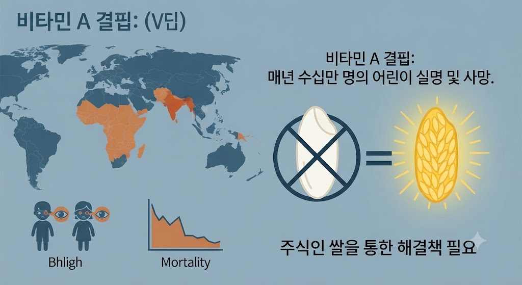 남아시아와 사하라 이남 아프리카 지역의 영양 결핍 실태를 WHO 통계 기반의 아이콘으로 표현했습니다. 매년 수십만 명의 어린이가 비타민 A 결핍으로 실명하거나 사망하는 조용한 재앙을 어둡고 무거운 톤으로 묘사하고, 그 해결책으로 제시된 '쌀'을 강조합니다.