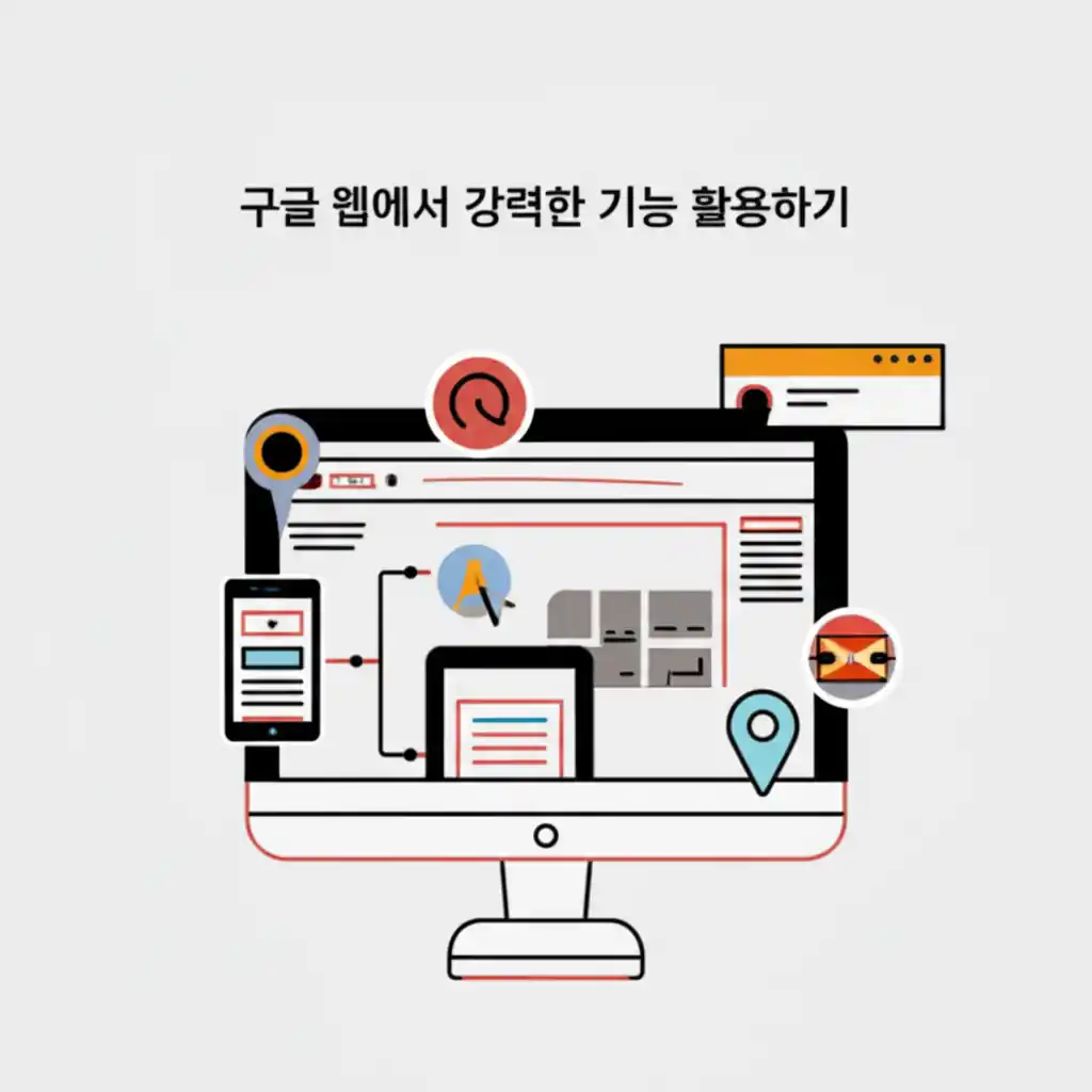 2.2 PC 웹 구글 지도 홈페이지의 강력한 기능 활용 예시 화면. 검색, 경로 탐색 등 주요 메뉴 설명.