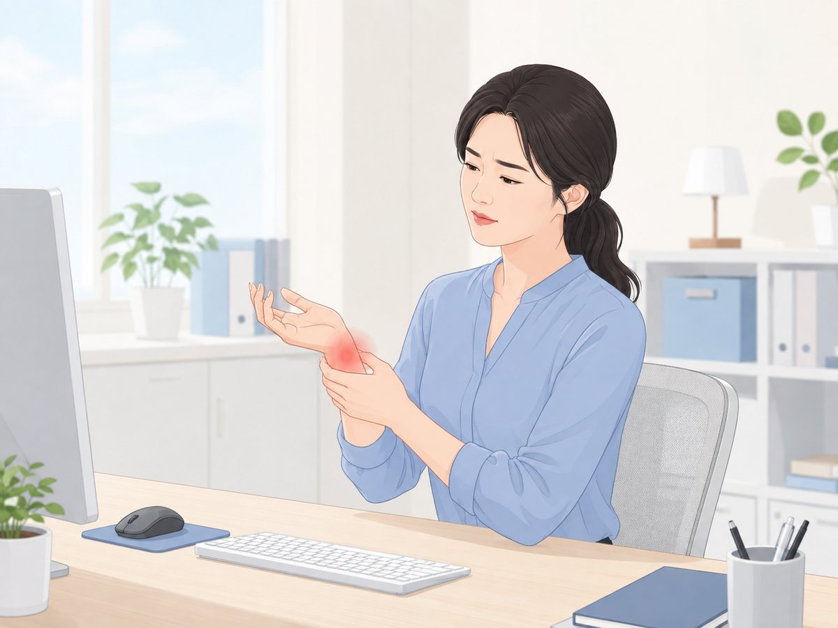 책상 앞에서 컴퓨터 작업을 하다 손바닥 쪽 손목을 붙잡고 불편해하는 여성