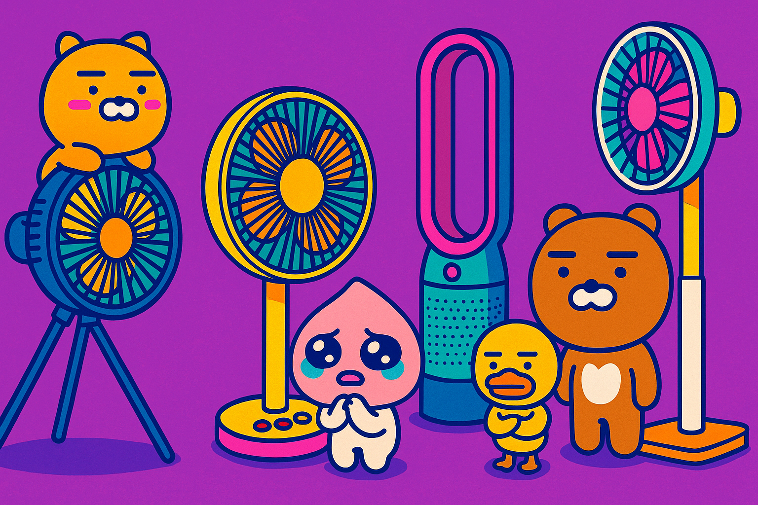 카카오프렌즈 캐릭터들과 다양한 디자인의 선풍기 일러스트