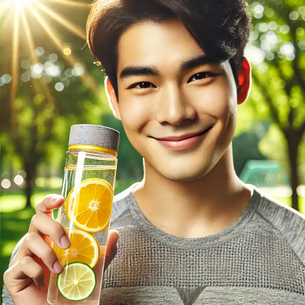 감귤수가 담긴 물병을 들고 야외에서 환하게 웃는 젊은 아시아 남성