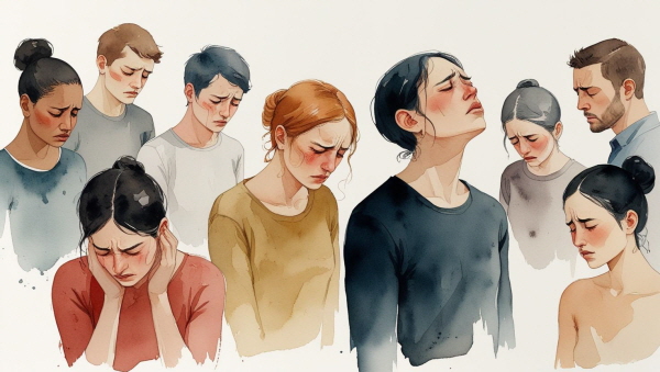 자신이 힘들다는 사실을 말하는 데 큰 죄책감을 느끼는 경우도 많습니다. “나는 괜찮아야 해요”, “다른 사람들 때문에 더 힘든 사람이 많잖아”라며 스스로의 고통을 부정하고, 감정을 억누릅니다에 관한 그림