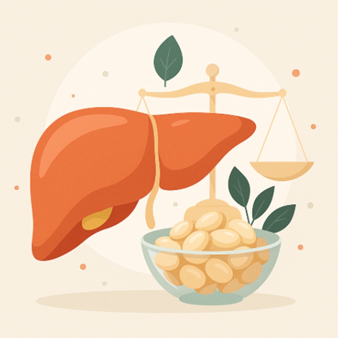 따뜻한 오렌지색 간 이미지를 중심으로, 단백질이 풍부한 콩과 잎사귀, 저울이 함께 배치된 일러스트. 간의 해독 균형과 단백질의 중요성을 상징함.
