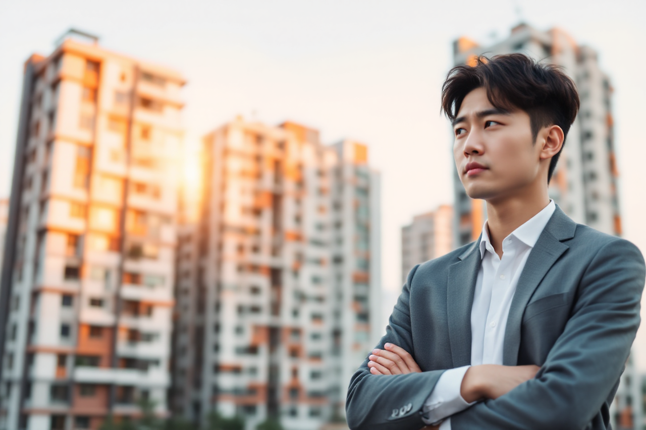 아파트 단지 앞에 서있는 청년 월세대출 관련 이미지