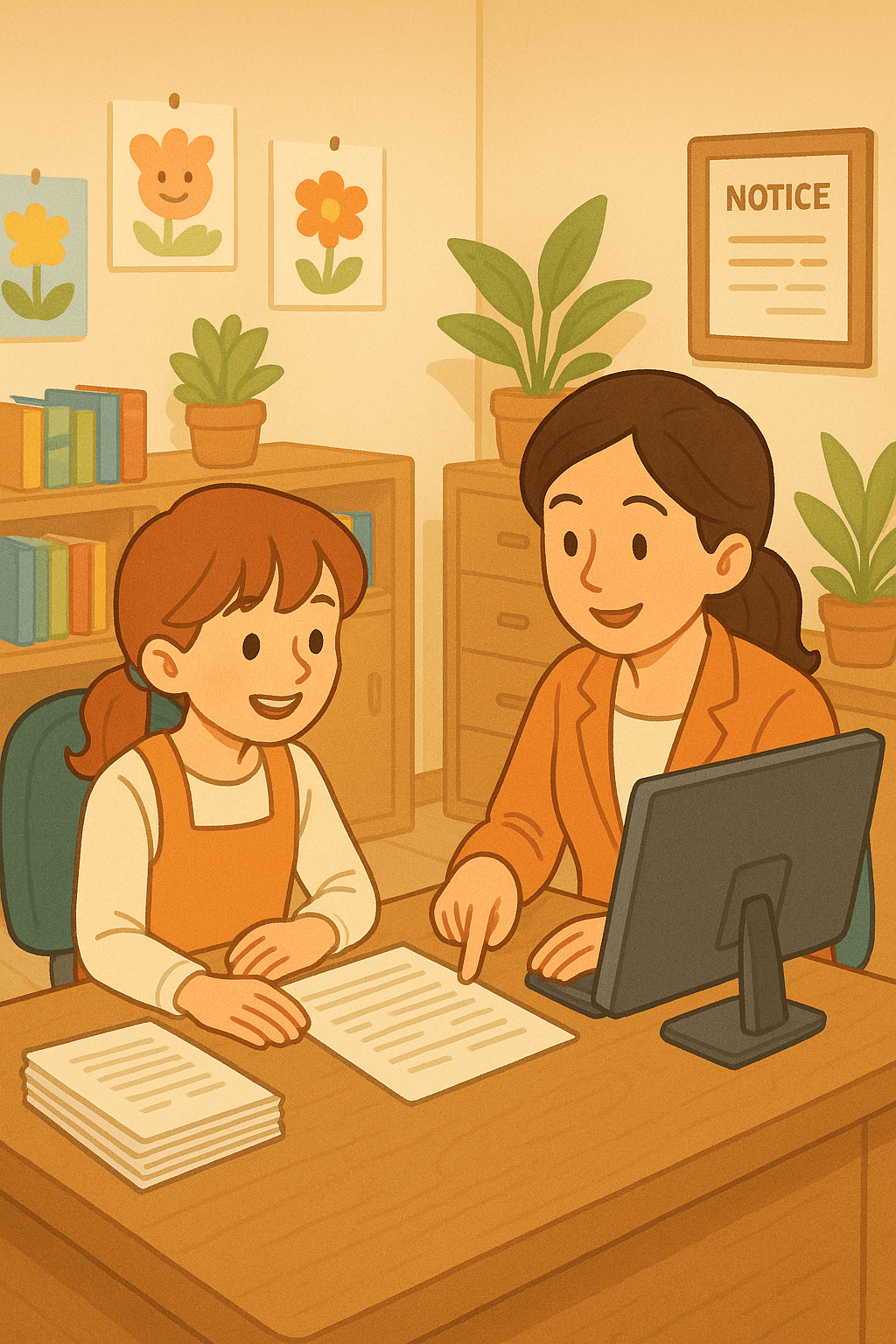 교사의 문서작업을 검토하는 원장