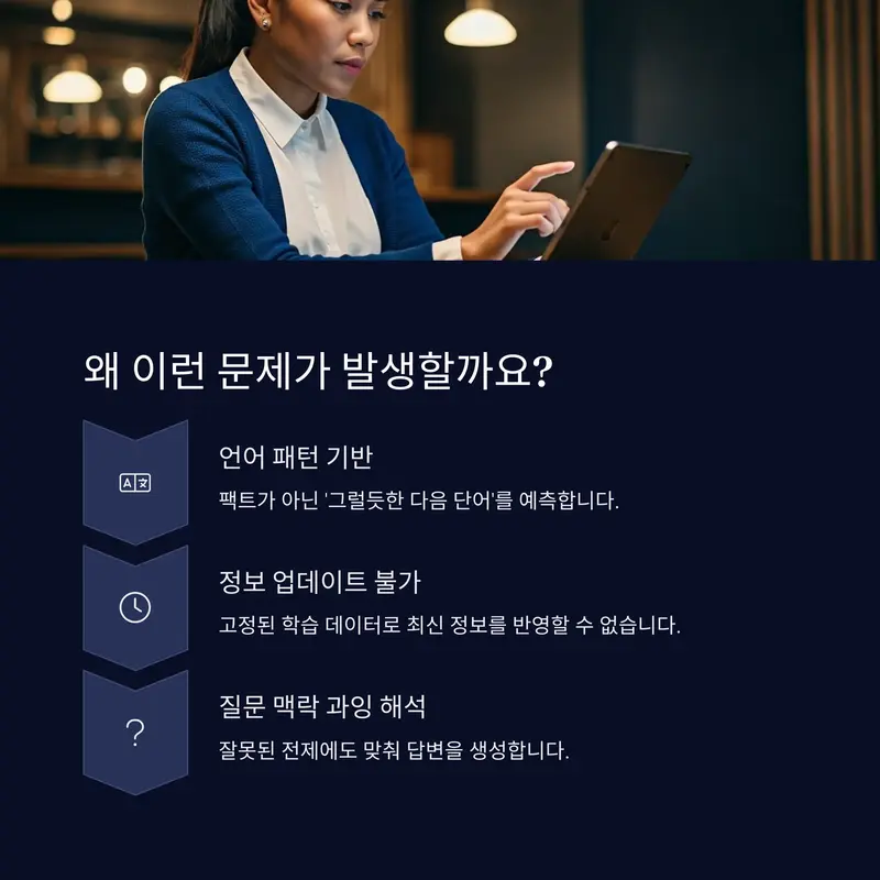 AI 기술적 한계 설명 이미지: 태블릿을 사용하는 여성, AI가 거짓 정보를 생성하는 기술적 한계를 설명하는 장면