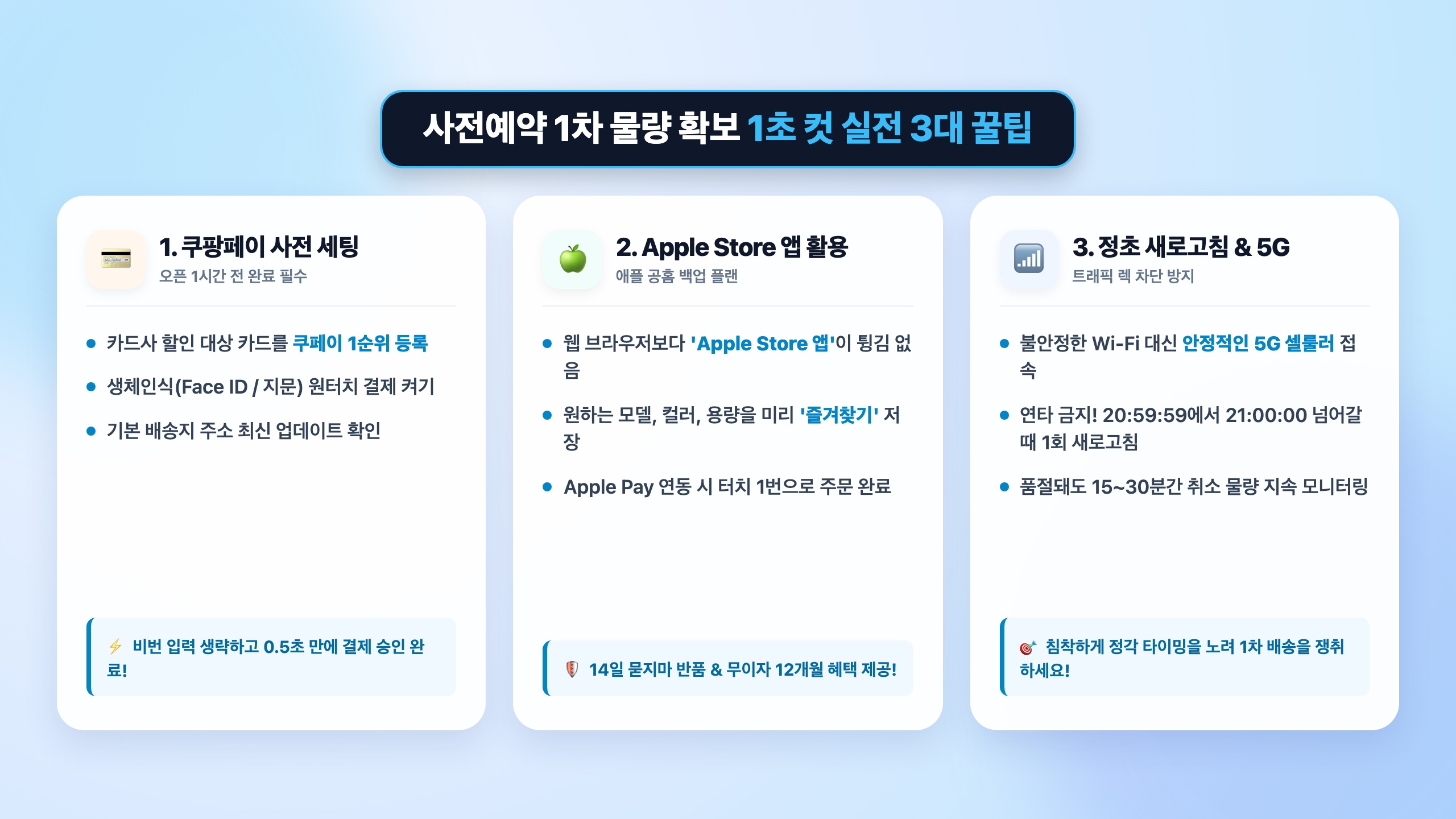 사전예약 1초 컷 성공 실전 꿀팁 쿠팡·11번가·공홈 결제 세팅 핵심 요약 인포그래픽