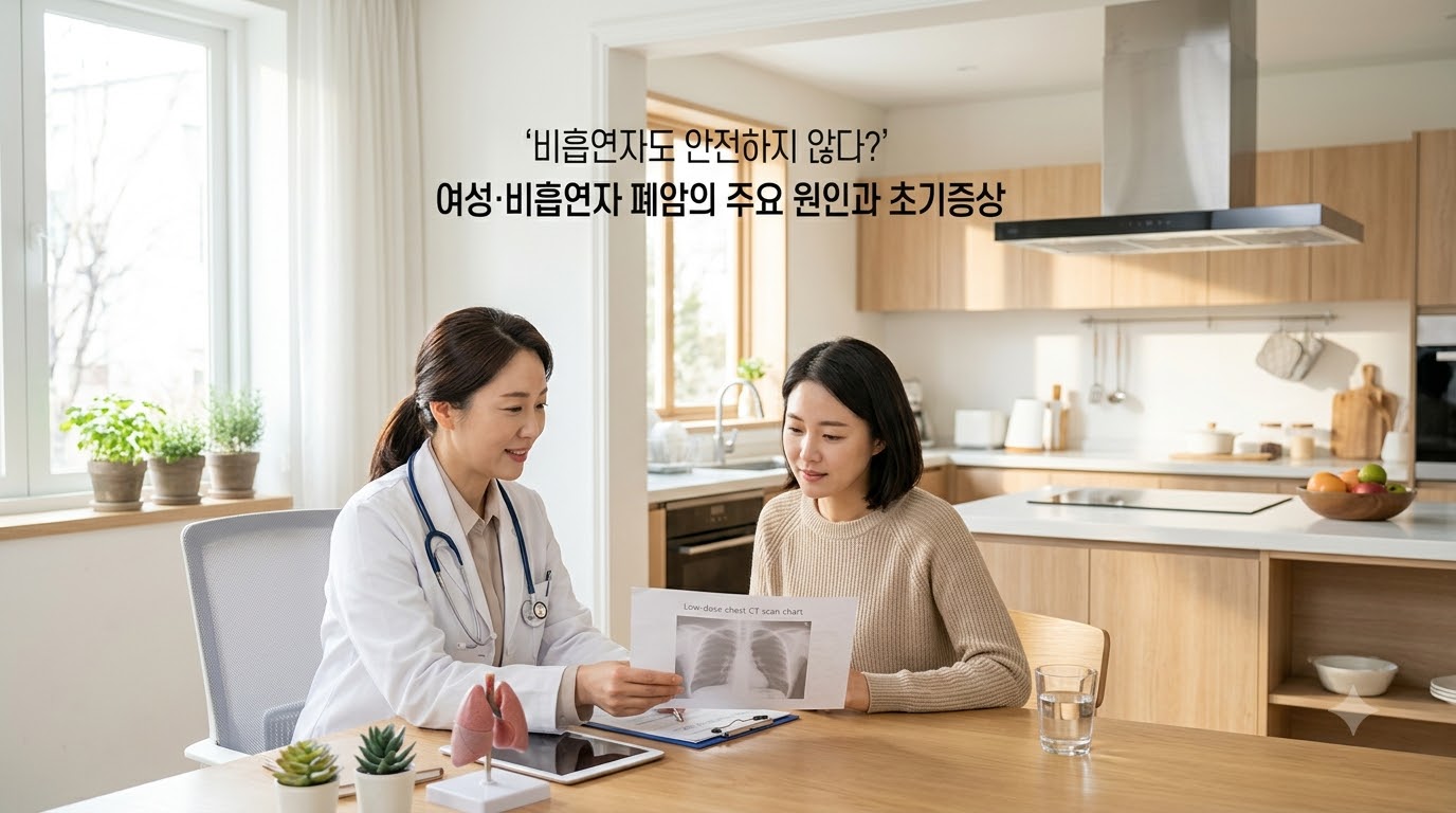 햇살이 비치는 아늑한 주방과 신뢰감 주는 진료실에서 호흡기내과 전문의와 비흡연 여성 환자가 밝고 차분한 표정으로 비흡연자 폐암의 원인 및 조기 검진의 중요성에 대해 이야기 나누고 있는 모습. '비흡연자도 안전하지 않다? 여성·비흡연자 폐암의 주요 원인과 초기 증상'이라는 문구가 적혀 있어, 비흡연 폐암의 경각심과 조기 발견의 중요성을 시각화함.