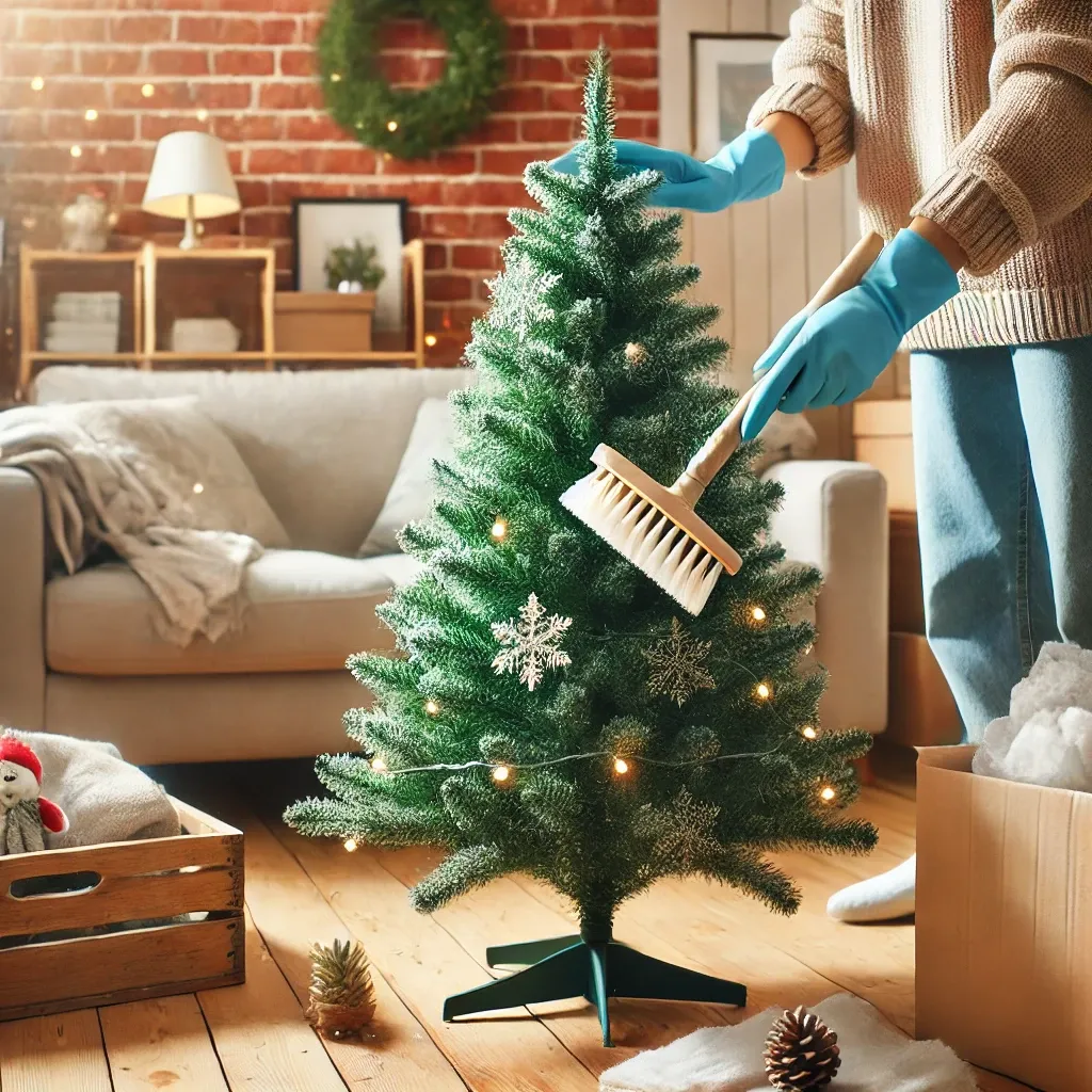 부드러운 브러시로 PE 인조 크리스마스 트리를 청소하는 모습