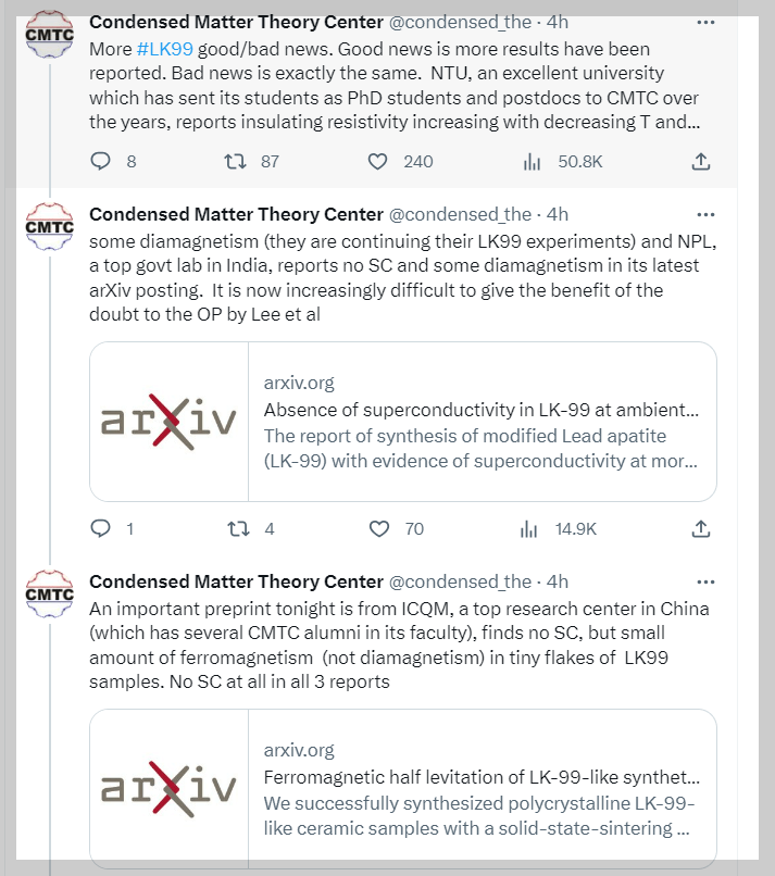 LK-99는 초전도체가 아니라는 결과를 밝힌 CMTC 트위터 게시물