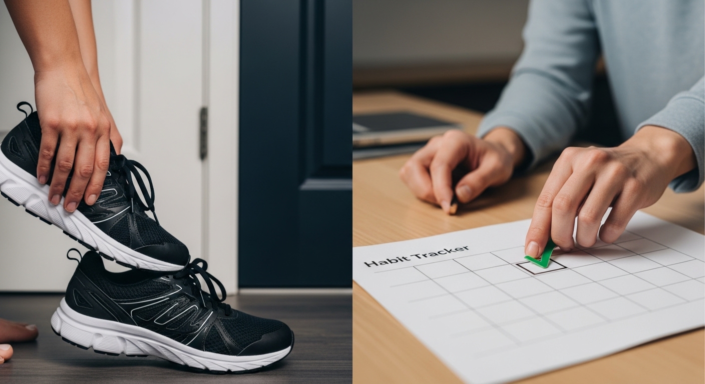운동화를 문 앞에 두고 습관 추적 달력에 표시하는 모습을 통해, 환경 설계와 기록의 중요성을 보여주는 사진.