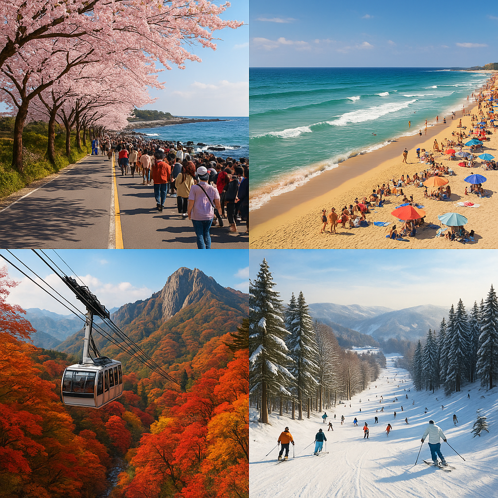 봄의 제주 벚꽃길, 여름의 부산 해변, 가을의 설악산 단풍, 겨울의 평창 스키장을 한눈에 보여주는 사계절 이미지