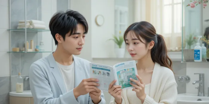 욕실에서 가그린 사용법 읽는 커플