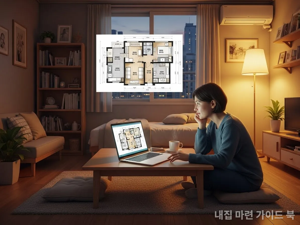 한국의 1인 가구 원룸에서 노트북으로 아파트 평면도를 보는 모습