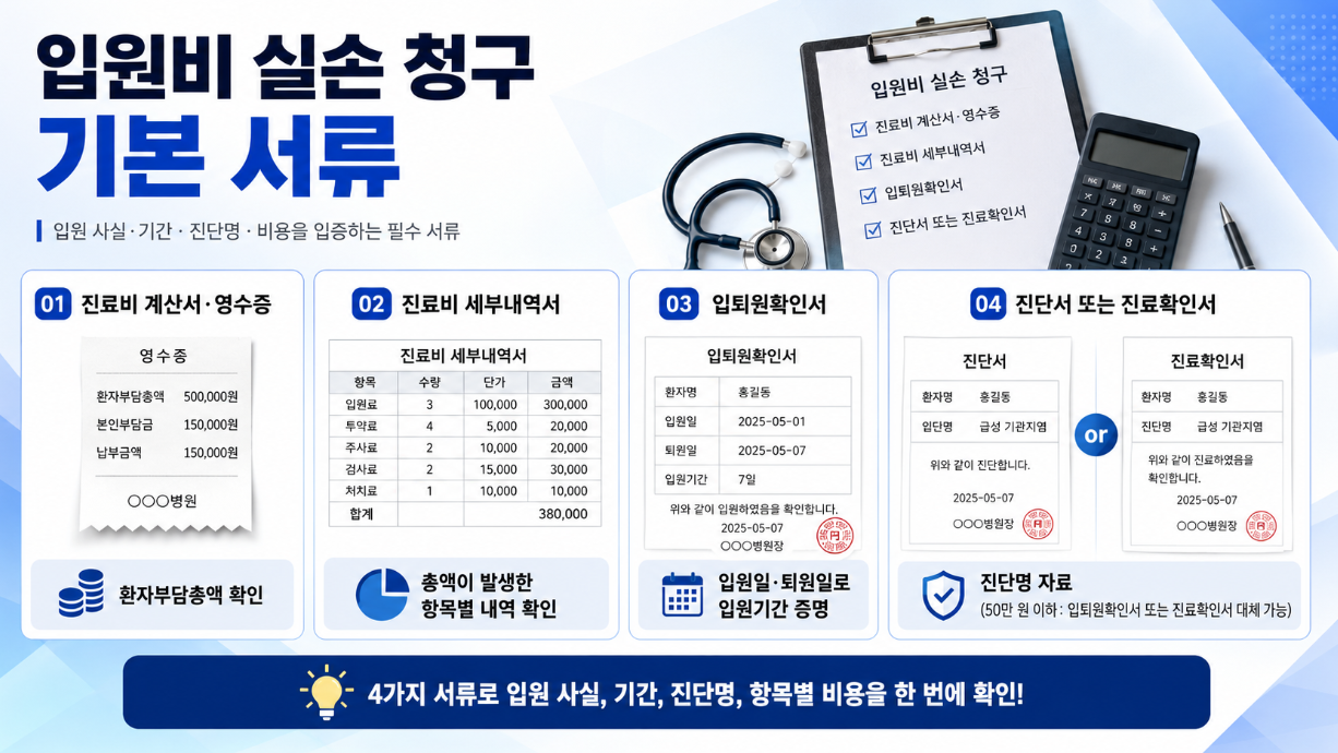 2. 입원비 실손 청구 기본 서류인 영수증, 세부내역서, 입퇴원확인서, 진단서 또는 진료확인서의 역할을 설명한 가로형 인포그래픽