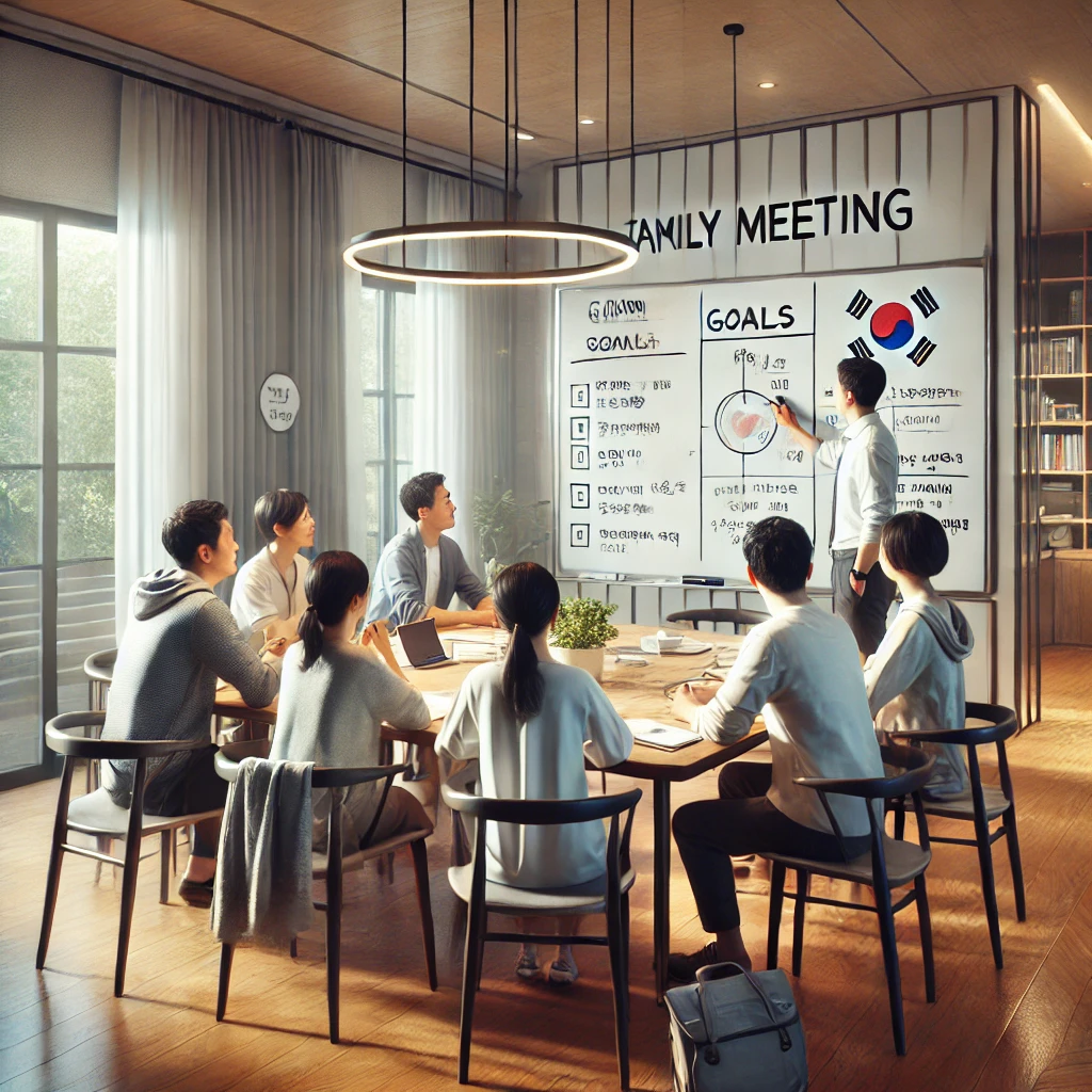 가족이 현대적인 식탁에서 가족 회의를 통해 목표와 성취를 논의하는 모습. 화이트보드와 노트가 놓인 협력적인 환경