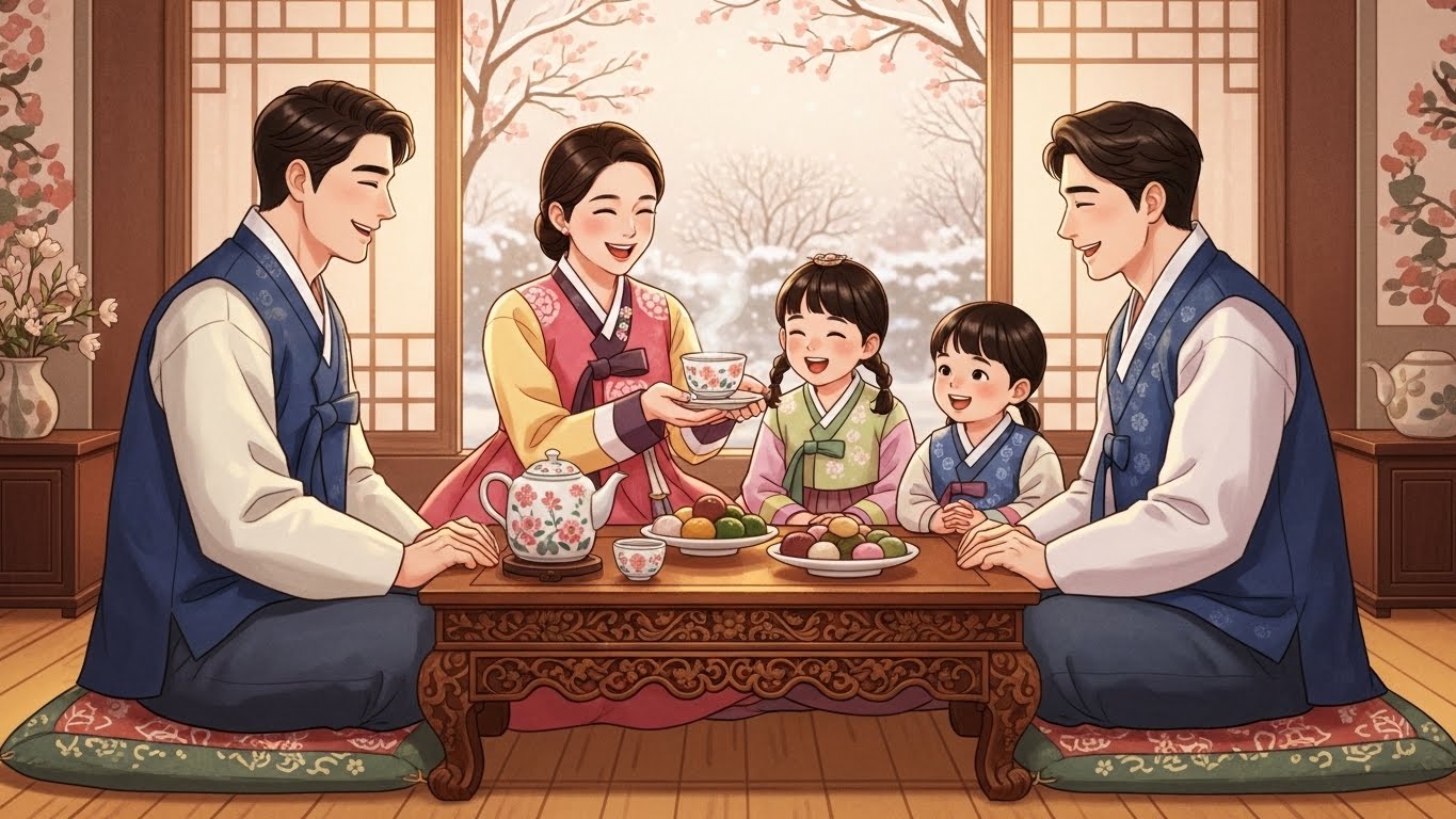 따뜻한 차 한 잔과 함께 한복을 입은 가족이 웃고 있는 일러스트