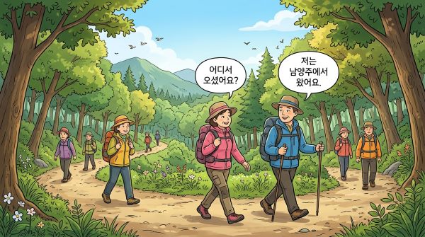 숲속에서 트래킹하는 중년의 사람들을 표현한 만화 이미지