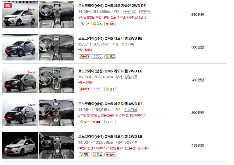 르노코리아 QM5 중고차 가격 시세표 유지비