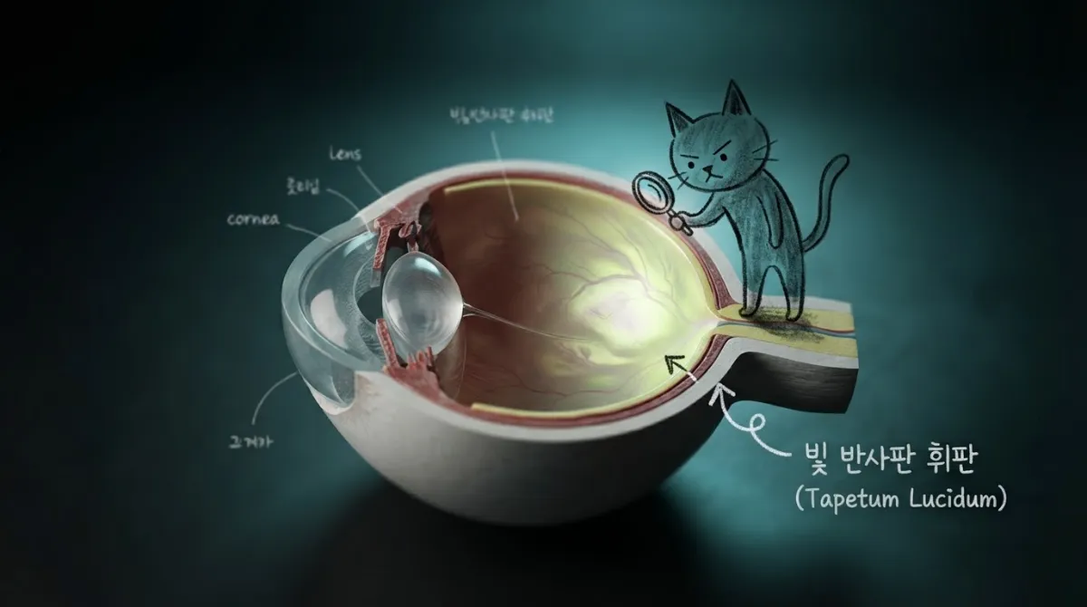 실사 고양이 안구 단면 해부도 위 Stick Cat 캐릭터가 돋보기를 들고 빛 반사판 휘판 층을 관찰하는 교육적 실사 결합 믹스드 일러스트레이션