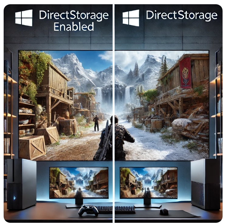 게임에서 windows 11 DirectStorage를 적용했을 때와 적용되지 않았을 때 비교 화면