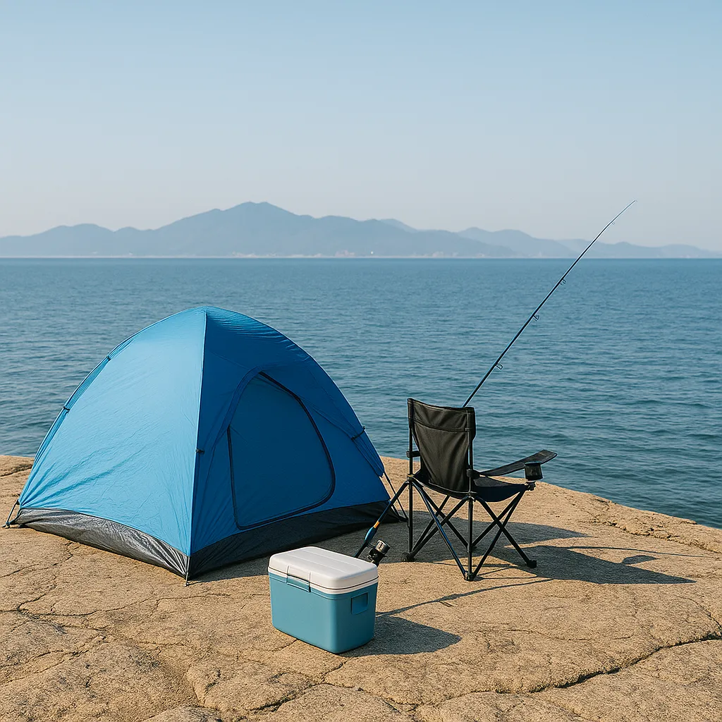 바닷가에서 텐트와 쿨러박스를 놓고 낚시를 준비한 자리