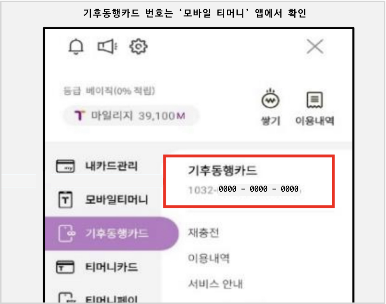 모바일 티머니 앱 - 기후동행카드 번호 확인