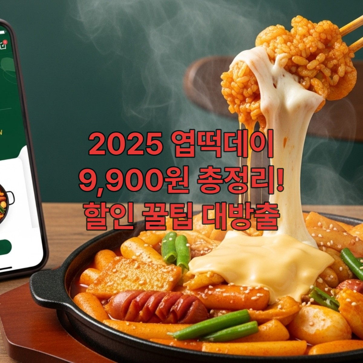 2025년 엽떡데이 할인 혜택을 홍보하는 이미지. 끓어오르는 치즈 엽기떡볶이가 담긴 냄비 옆에 '9,900원' 할인 쿠폰이 보이는 스마트폰 앱 화면이 놓여있어 매콤한 즐거움과 경제적인 혜택을 동시에 강조합니다.