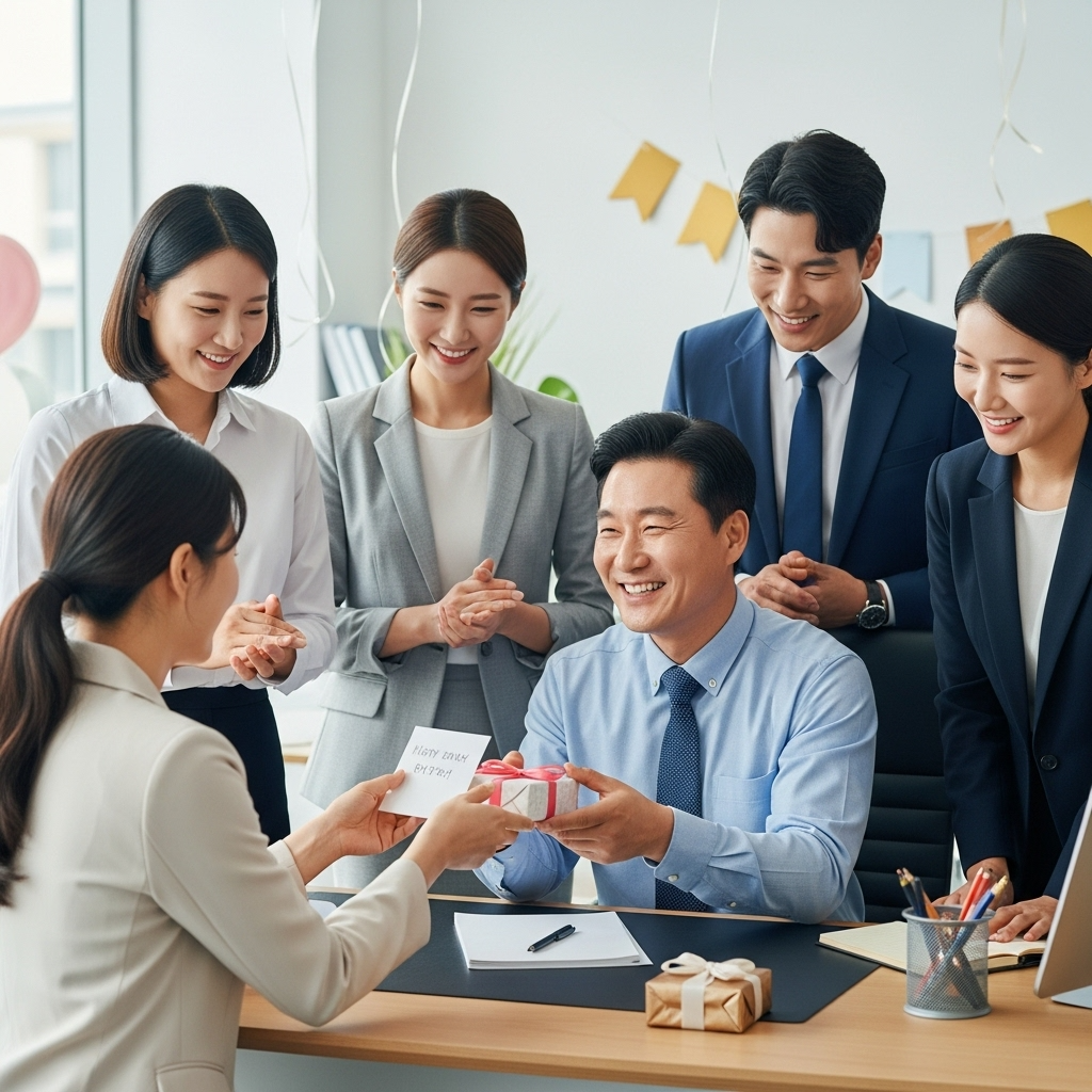 다양한 직급의 직장 동료들이 직장 상사의 생신을 축하하며, 한 직원이 상사에게 작은 선물과 카드를 전달하는 모습. 따뜻하고 화목한 사무실 분위기가 느껴집니다.