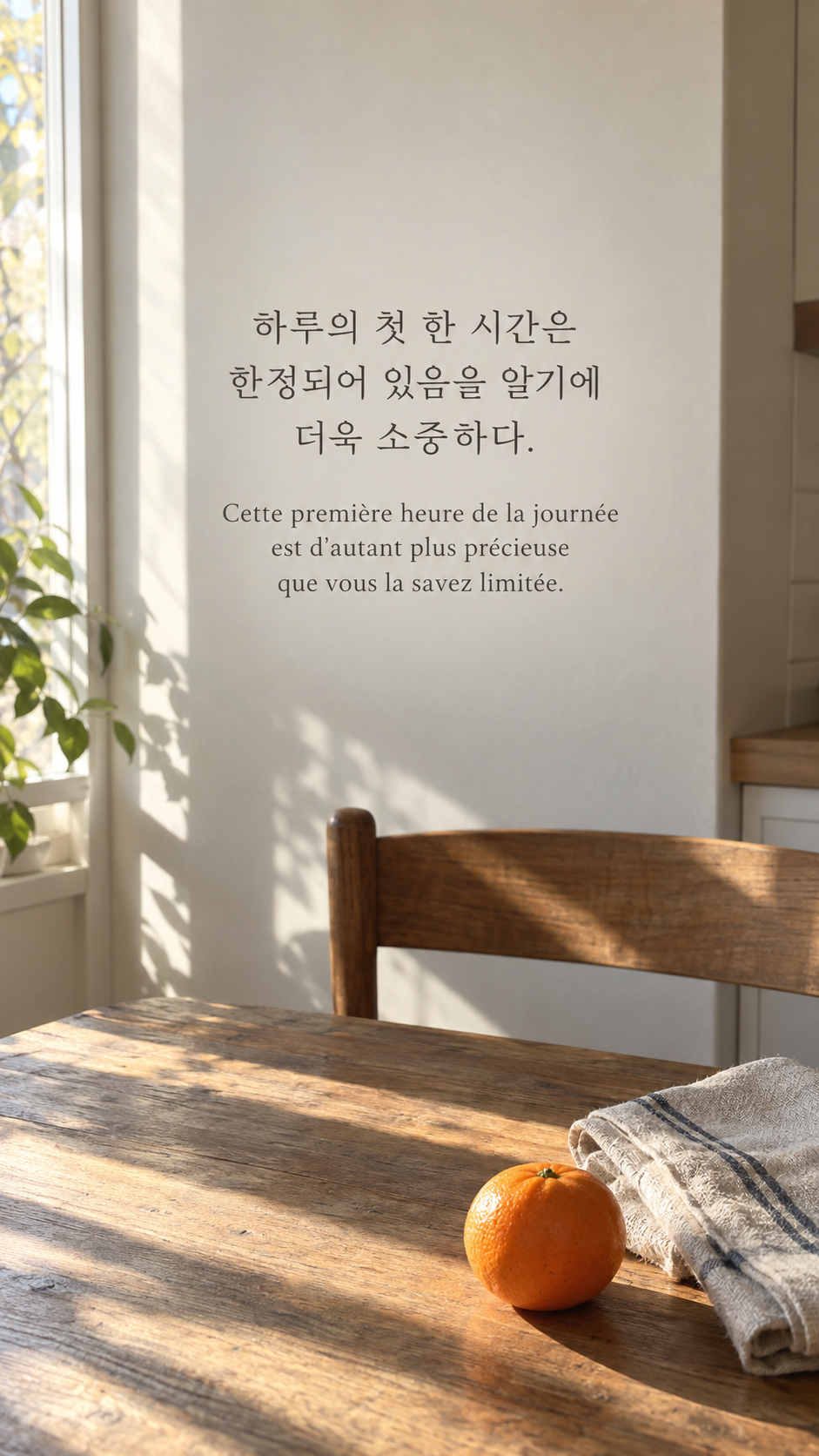 아침 햇살이 비치는 식탁 배경에 담은 기욤 뮈소의 말: 하루의 첫 한 시간은 한정되어 있음을 알기에 더욱 소중하다.