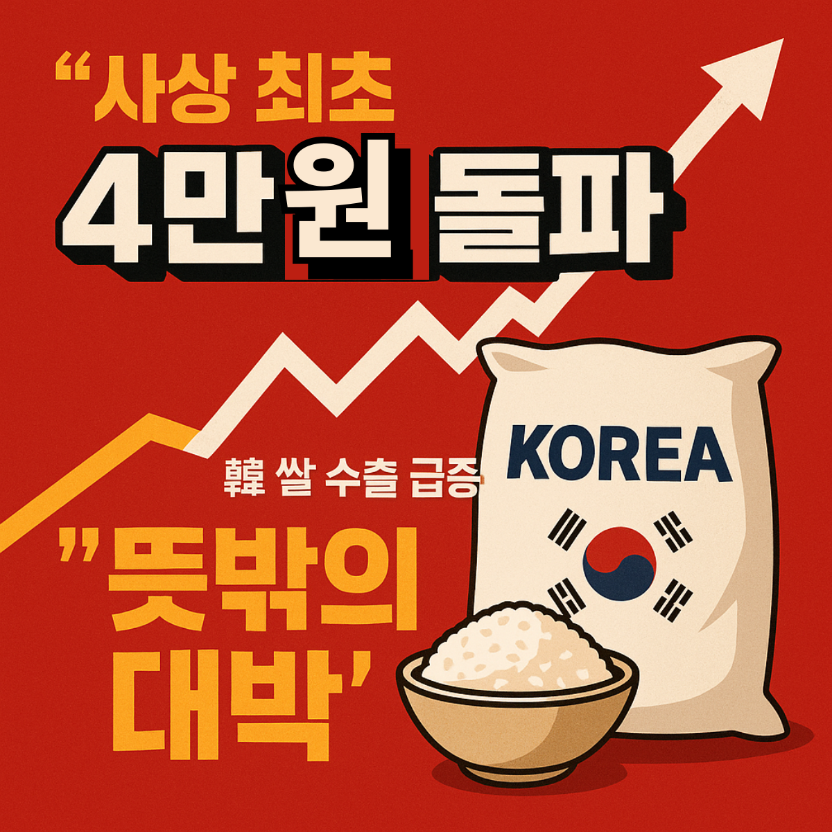 일본 쌀값 폭등을 보여주는 그래프와 ‘한국산 쌀 수출 증가’를 강조하는 뉴스형 썸네일 이미지