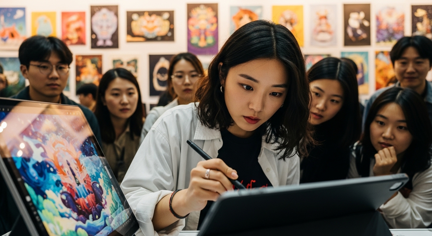 부산일러스트레이션페어에서 한 작가가 대형 태블릿으로 디지털 페인팅 시연을 하고 있는 모습. 관람객들이 집중해서 지켜보고 있다.