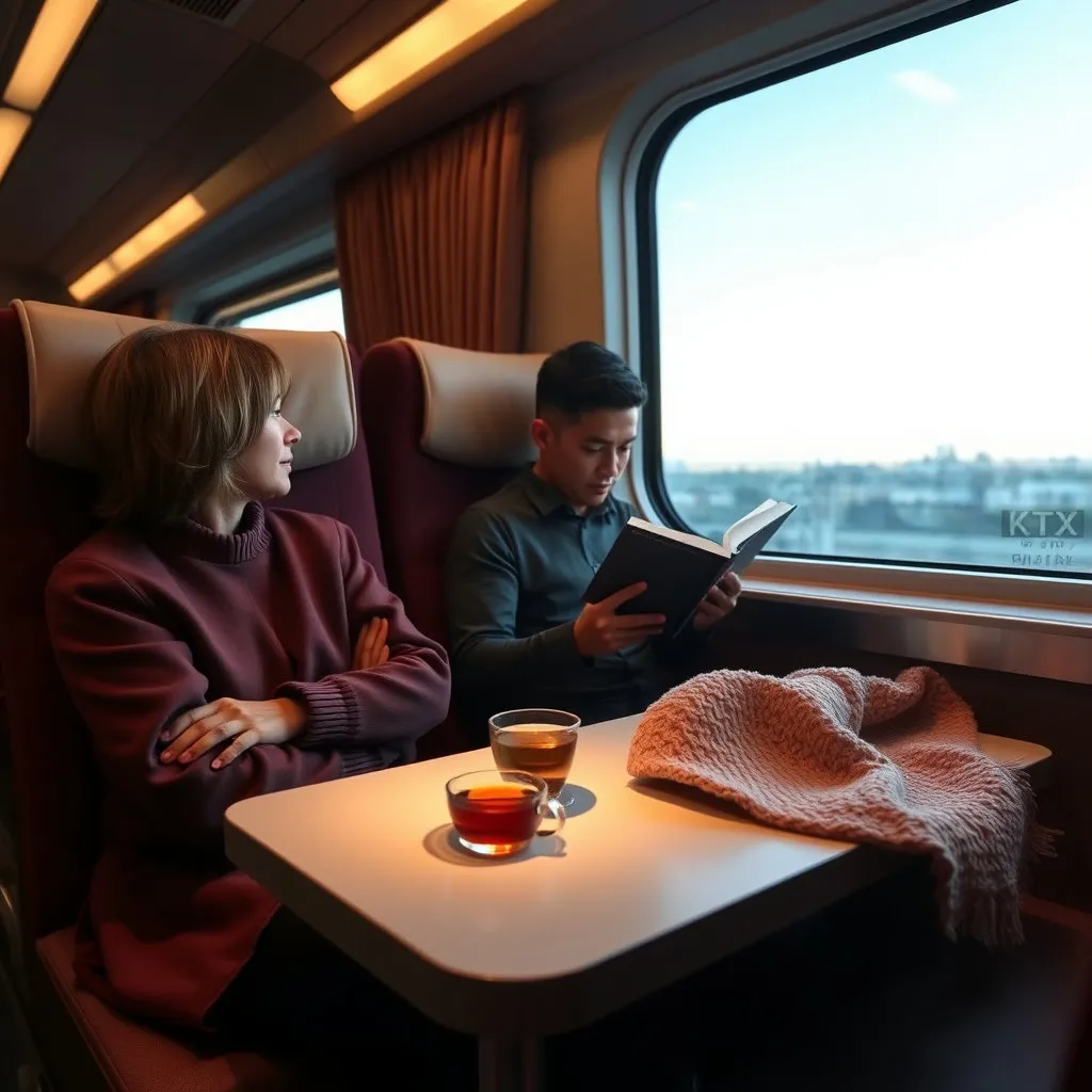 KTX 특실 내부의 넓고 편안한 좌석에 앉아 창밖 풍경을 바라보거나 독서를 하는 사람의 모습. 개인 조명, 넓은 테이블, 그리고 깨끗한 창문이 돋보이도록 연출하고, 따뜻한 차 한 잔이나 작은 담요 등을 소품으로 활용하여 아늑하고 여유로운 분위기를 강조합니다.