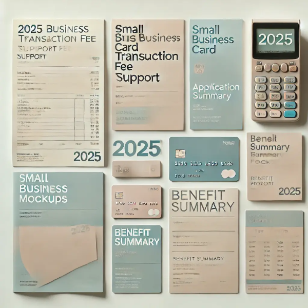 하얀 배경 위에 정리된 2025 결제수수료 지원 신청서, POS 영수증 모형, 혜택 안내 브로슈어, 소상공인 점포 사진의 전문 스튜디오 촬영 사진